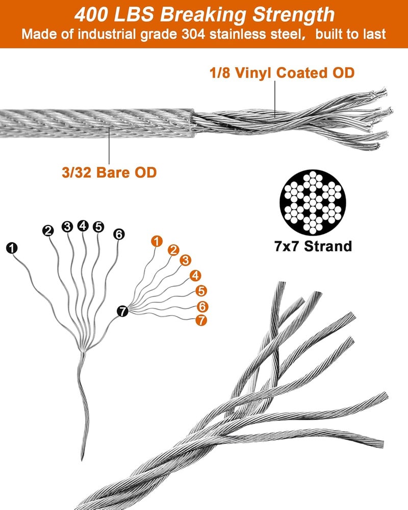 Comkrivy 220 FT 1/8" Wire Rope Kit, 304 Stainless Steel Cable with M5 Turnbuckles for Cables Wire, Vinyl Coated String Lights Hanging Wires for Outdoor Camping, Trellis, Garden, Clothes line, Curtain, Festival - Image 3